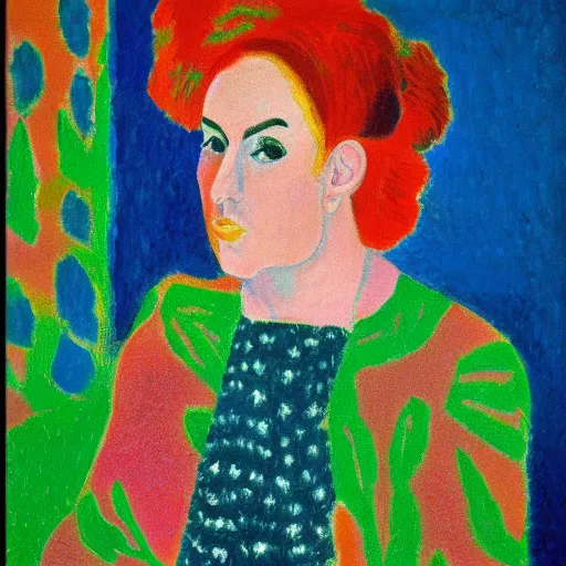 Image similar to an abstract portrait of a woman, pointillism, big brushstrokes, vivid colours, by Henri Matisse
