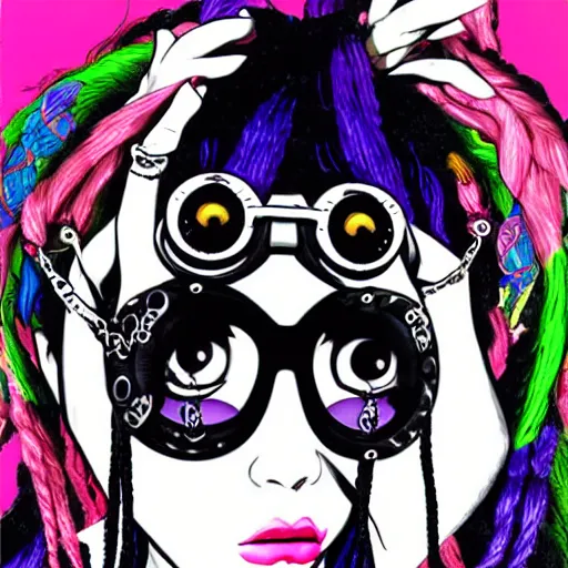 Image similar to eccentric kawaii goth girl with dreads wearing cyber goggles and eclectic jewelry, by jamie hewlett,