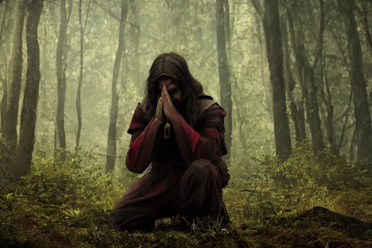 Image similar to still from a fantasy movie, a warlock on his knees crying, looking up, red eyes from crying, forest in the background, muted colors, 8 k, cinematic, very detailed face, hyperrealistic, movie still frame, promotional image, imax 7 0 mm footage