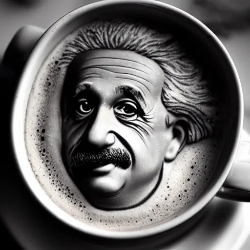 Prompt: an image of Albert Einstein in the foam of a coffee cappuccino