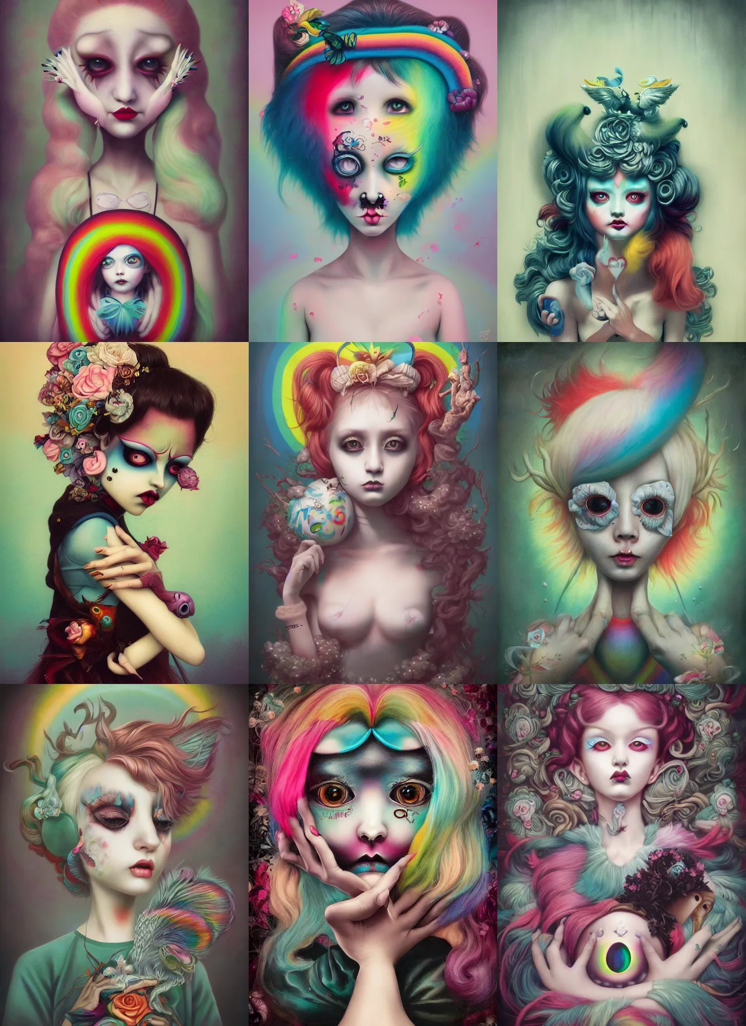 Prompt: pop surrealism, lowbrow art, realistic rainbow momo painting, japanese street fashion, hyper realism, muted colours, rococo, natalie shau, loreta lux, tom bagshaw, mark ryden, trevor brown style,