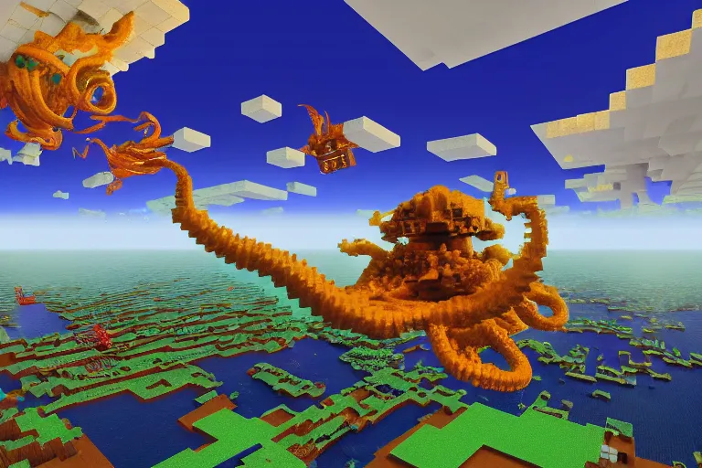 Image similar to giant squids battling in the sky, minecraft, 3 d render cinestill, highly detailed, 4 k