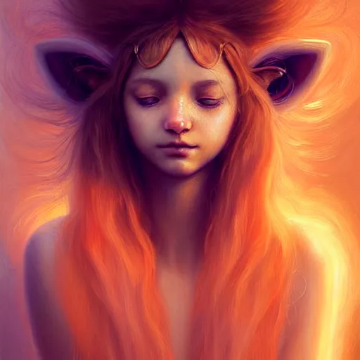 Image similar to Portrait of a girl angel with pale orange colored frizzy strands of illuminated hair, cat ears on her head, glowing halo, Lion's Mane, Lion's Gate, fantasy, intricate, elegant, highly detailed, digital painting, artstation, concept art, smooth, sharp focus, illustration, art by Krenz Cushart and Artem Demura and alphonse mucha