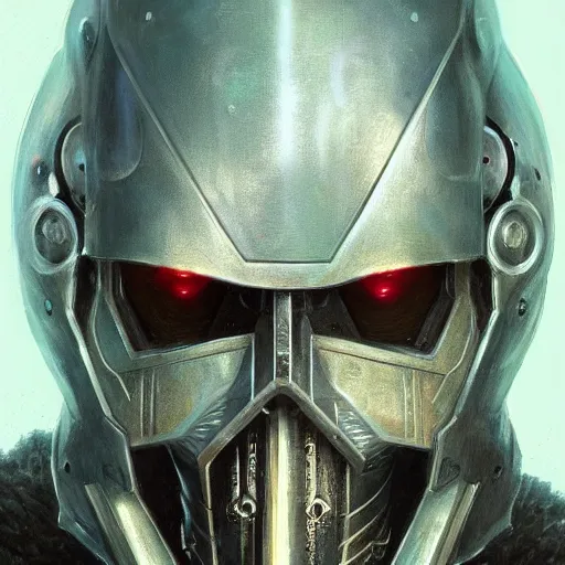 Prompt: the void slayer as a realistic cyberpunk knight, closeup portrait art by donato giancola and greg rutkowski, realistic face, digital art, trending on artstation, symmetry!!, skull helmet