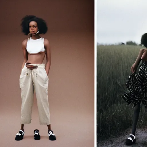 Image similar to realistic photoshoot for a new off-white lookbook, color film photography, portrait of a beautiful woman in style of tyler Mitchell, 35mm, graflex