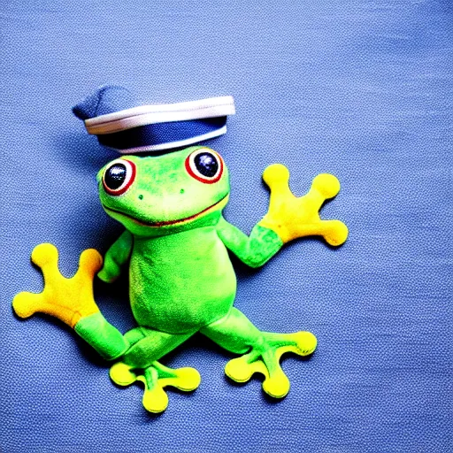 Image similar to cute plushie frog wearing a sailor suit, studio photography,