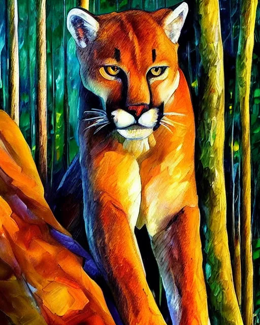 Image similar to cougar in forest at night, shot from drone, grainy, artwork by leonid afremov