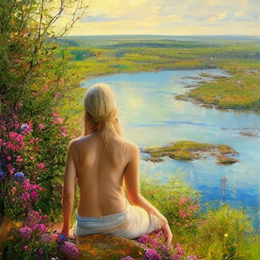 Image similar to blonde woman watching over the swedish countryside, archipelago, morning, masterpiece, highly detailed, beautiful, atmospheric, impressionism, painting by Vladimir Volegov