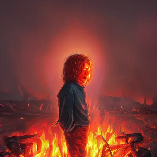 Image similar to 80's heavy metal kid standing in a fire ring, illustration, artgerm, octane render, inspired by Greg rutkowski, colorful, studio lighting, full body,