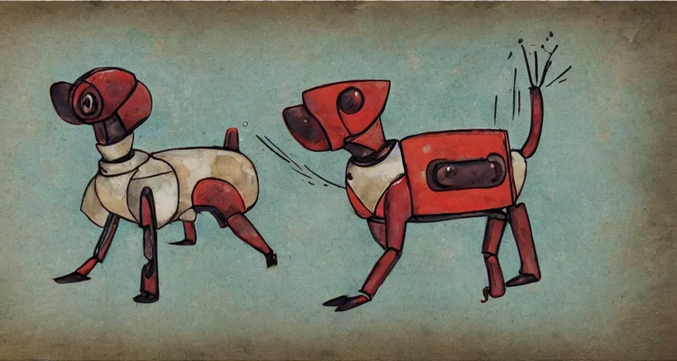 Image similar to a cute retro robot dog. alcohol inks on parchment, muted colors, detailed, textured parchment background, 1 9 5 0 s concept art
