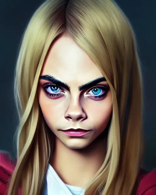 Image similar to portrait of Cara Delevingne as Anime girl cute-fine-face, full body! pretty face, realistic shaded Perfect face, fine details. Anime. realistic shaded lighting by Ilya Kuvshinov Giuseppe Dangelico Pino and Michael Garmash and Rob Rey