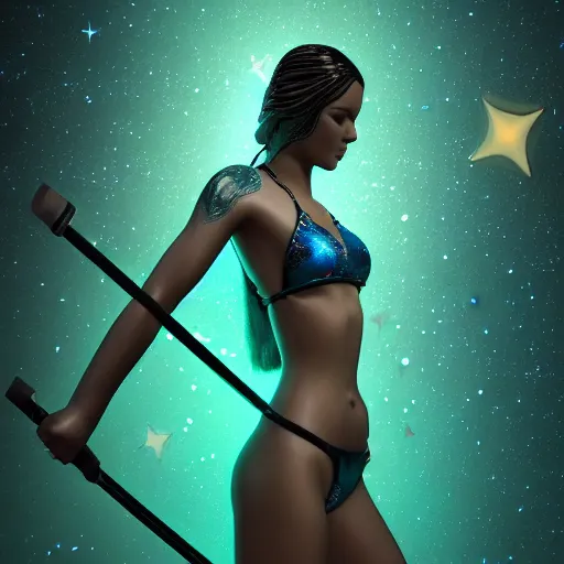 Image similar to bikini girl bioluminescent paddleboarding dark night by highway man painting, stars, galaxies, james webb telescopeimages, photorealistic, high resolution, vray, hdr, hyper detailed, insane details, intricate, elite, ornate, elegant, luxury, dramatic lighting, octane render, weta digital, micro details, 3 d sculpture