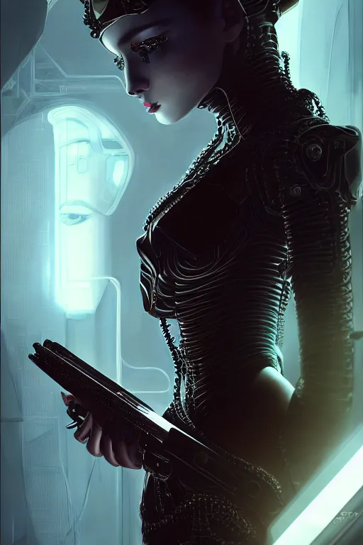 Image similar to portrait futuristic beautiful and stunning and gothic female army navy, at inside of a future submarine, ssci-fi, fantasy, intricate, very very beautiful, elegant, neon light, highly detailed, digital painting, artstation, concept art, soft light, hdri, smooth, sharp focus, illustration, art by tian zi and craig mullins and WLOP and alphonse mucha