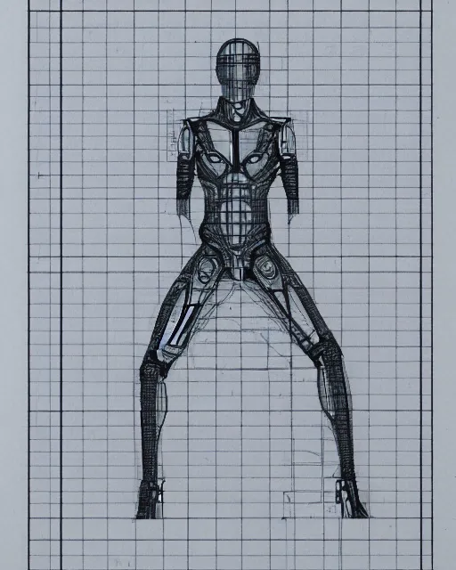 Image similar to pencil drawing of a male cyborg, monochrome, technical drawing, blueprints, grid paper