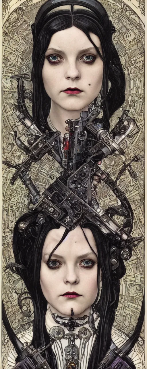 Image similar to beautiful stunning sci - fi art nouveau portrait of wednesday addams as a heavy metal industrial crustpunk rebel soldier by michael kaluta, moebius and alphonse mucha, photorealism, extremely hyperdetailed, perfect symmetrical facial features, perfect anatomy, ornate declotage, weapons, circuitry, high technical detail, determined expression, piercing gaze