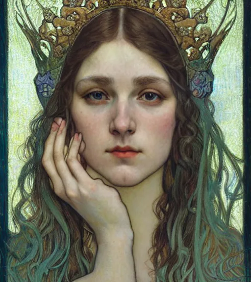 Image similar to detailed realistic beautiful young medieval queen face portrait by jean delville, alphonse mucha, vincent van gogh, and marco mazzoni, art nouveau, symbolist, visionary, gothic, pre - raphaelite
