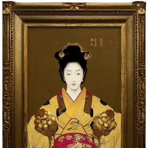 Image similar to a queen in a gold dress, ancient, japanese art, oil painting, otomo, amano, bouguereau, gustave moreau