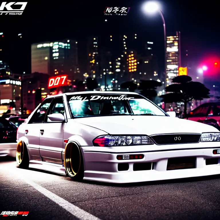 Image similar to a car JZX100 twin turbo drift at illegal car meet, Shibuya prefecture, city midnight mist lights, cinematic lighting, photorealistic, highly detailed wheels, high detail