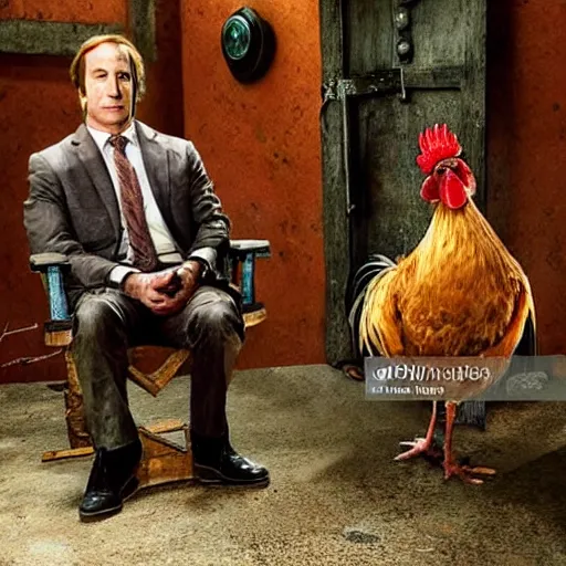 Image similar to saul goodman and a rooster in a medieval torture chamber, scary torture devices in the background, horror movie, saul goodman, rooster, real life photo