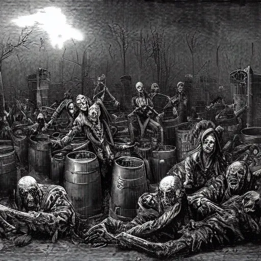 Image similar to zombies among 9 steel barrels in a graveyard, creepy atmosphere, dark, realistic, illustration by gustave dore