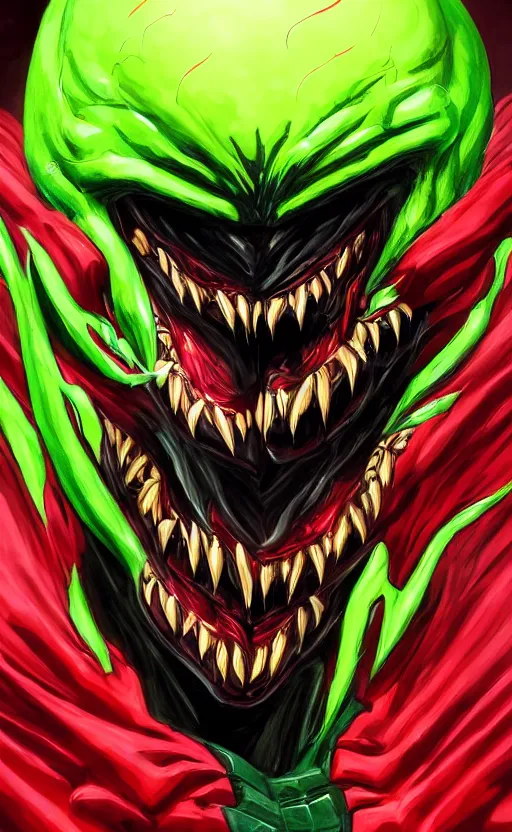 Image similar to portrait of venom as the green goblin, black and red, dynamic lighting, cinematic, ultra detailed, trending on art station, stunning visuals, creative, fantasy concept art