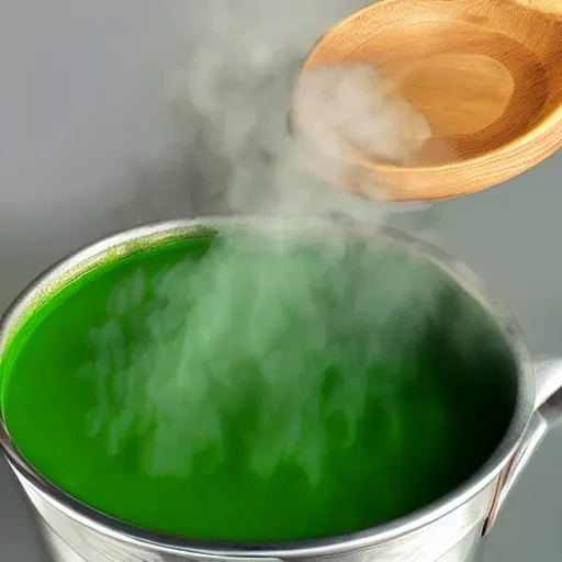 Prompt: brewing violent bubbling green fluid soup, green steam rising from soup