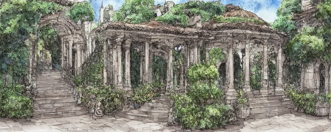 Prompt: courtyard walkway, fountain, castle, stairway, chairs, wrought iron, gate, botanic garden, botanical herbarium paper, watercolor colored painting, iridescent colors, realistic shaded, fine, artstation, italian style, colonnade ornate headdress, craving, carved, insanely detailed studio ghibli