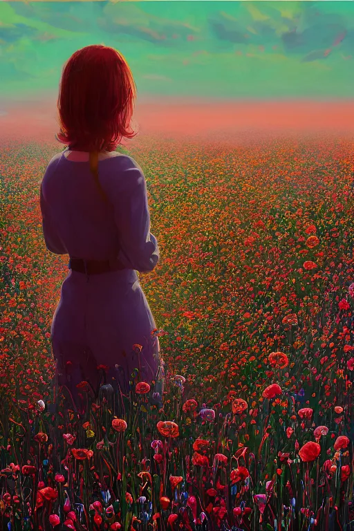 Image similar to closeup, giant flower head, girl in suit standing in a field of flowers, surreal photography, sunrise, blue sky, dramatic light, impressionist painting, digital painting, artstation, simon stalenhag