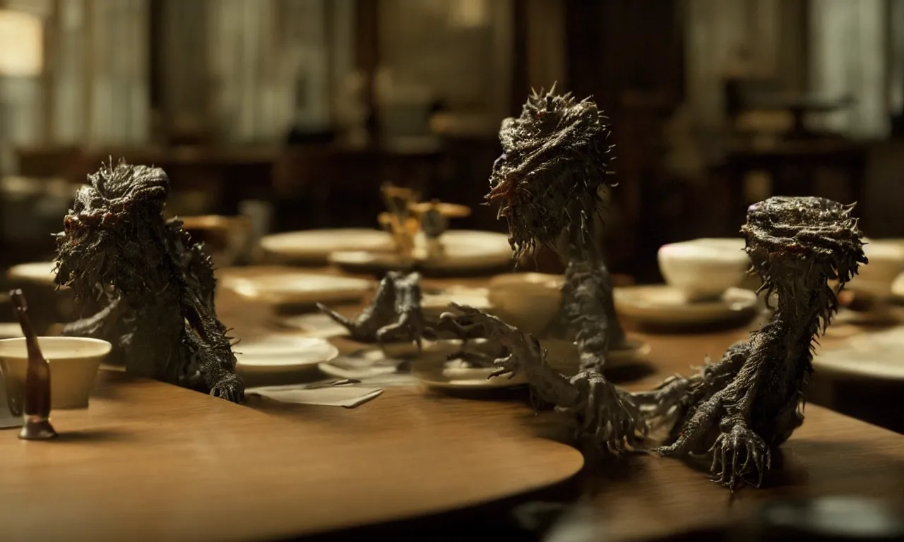 Image similar to a strange creature sits at a table, film still from the movie directed by Denis Villeneuve with art direction by David Cronenberg, close up, telephoto lens, shallow depth of field