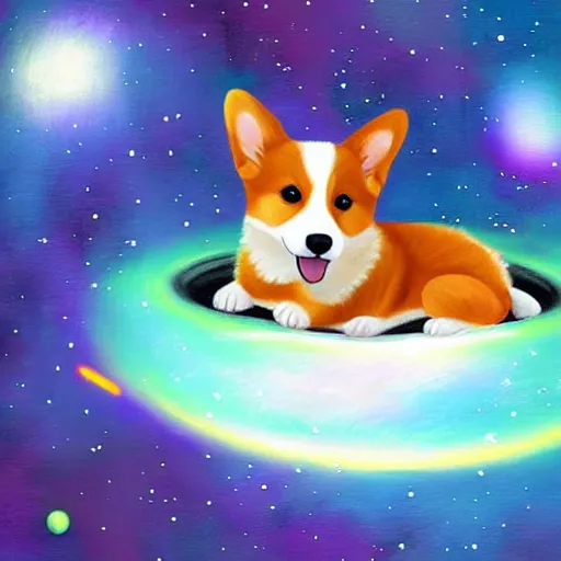 Image similar to corgi puppy floating in space, cosmic, calm, beautiful digital painting
