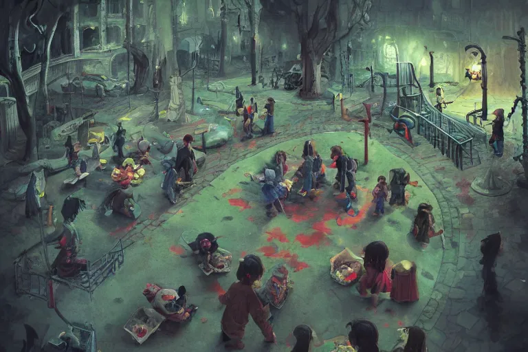 Image similar to cthulhu haunting children at the playground, painted by paul youll and marc simonetti, trending on artstation, dramatic lighting isometric view street art, crayon art, tilt - shift, final, remodernism