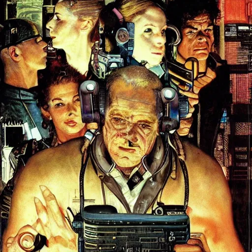 Image similar to portrait of a cyberpunk gang, by norman rockwell