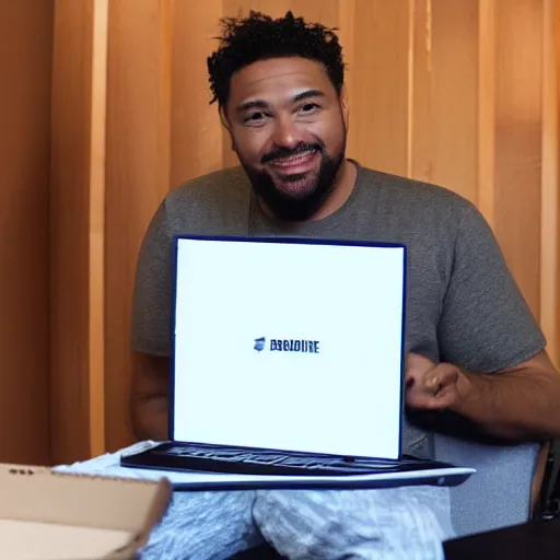 Prompt: Marques Brownee unboxing a Laptop shaped pizza