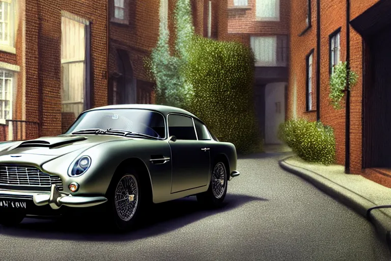 Image similar to a wholesome animation key shot of one focused shortened aston martin db 5, in a rich london mews residential street, waist height, medium range, studio ghibli, ( pixar ) and disney animation, sharp, very detailed, unreal engine 5 render, bloom, high resolution, anime key art by greg rutkowski