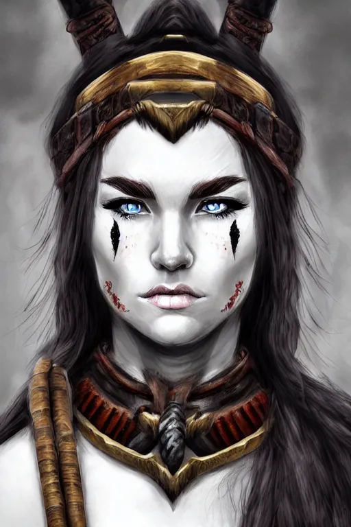 Prompt: head and shoulders portrait of a barbarian, female, high fantasy, dnd, sakimichan