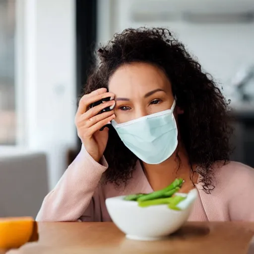 Image similar to woman with a nose mask, eating a plate of soy