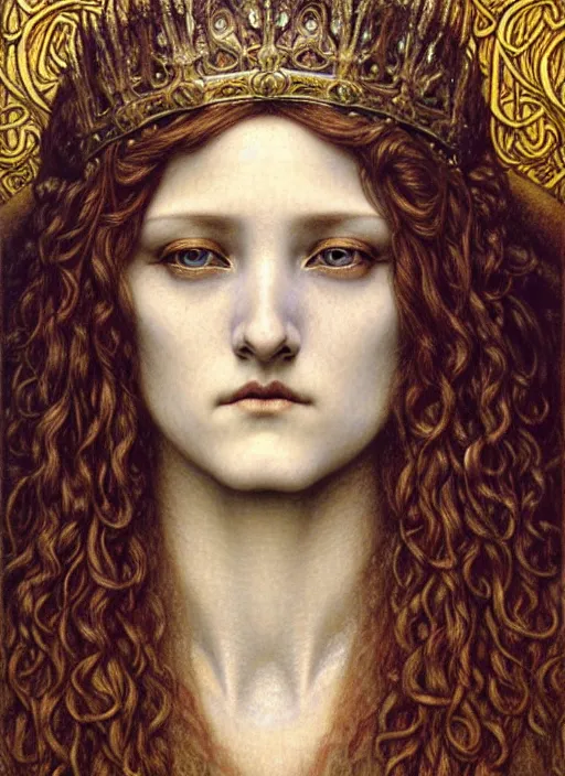 Image similar to detailed realistic beautiful young medieval queen face portrait by jean delville, gustave dore and marco mazzoni, art nouveau, symbolist, visionary, gothic, pre - raphaelite. horizontal symmetry