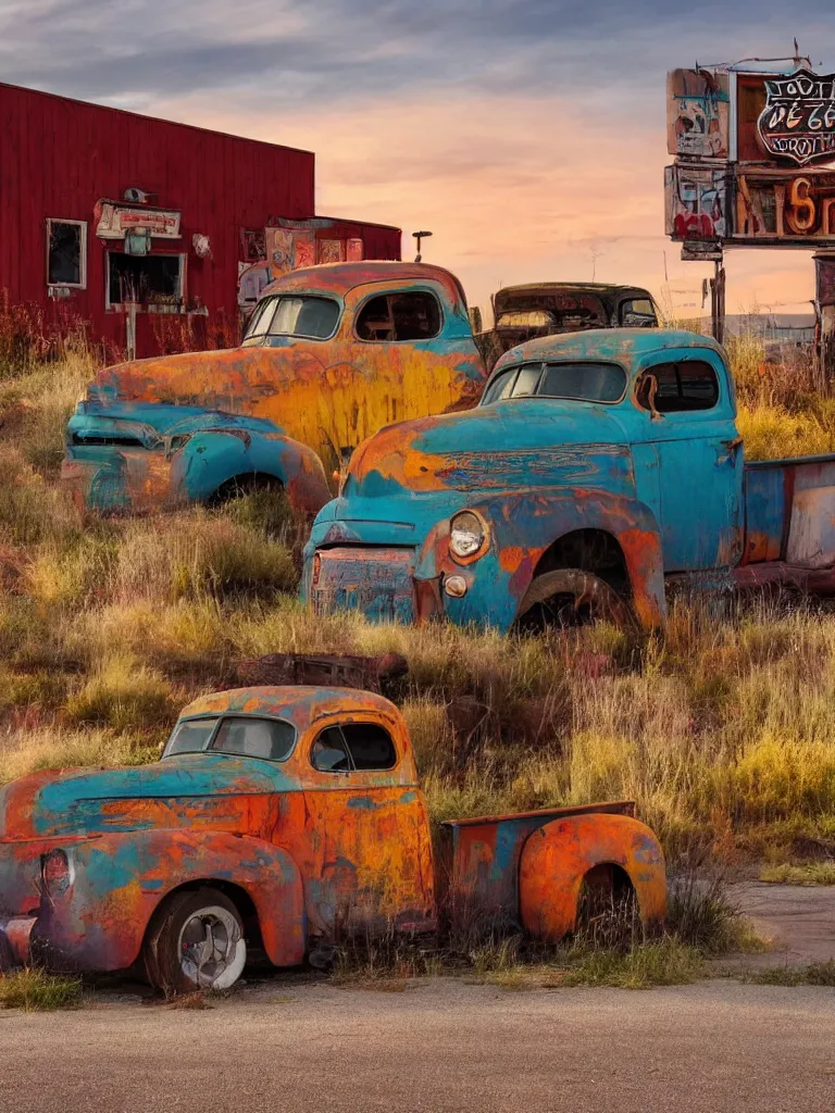 Image similar to A beautiful colorful evening scene of route66 with abandoned gas station and rusty old pickup truck :: hyper realistic