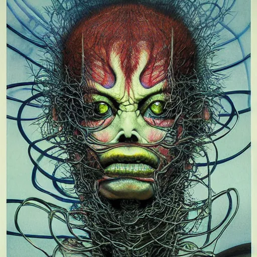 Prompt: hyper realistic portrait of, ‘ the carnivorous alien ’. an award winning yoshitaka amano digital art poster, by james gurney and gerhard richter. art by takato yamamoto. masterpiece, rich colours.