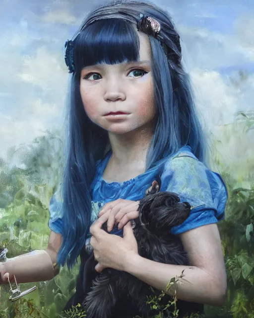 Image similar to a highly detailed oil painting of A little girl, in professional makeup, with medium length blue hair covering an eye, and a garden with dog, and large obsidian crystals, cinematic lighting, dramatic atmosphere, by Dustin Nguyen, Akihiko Yoshida, Greg Tocchini, Greg Rutkowski, Cliff Chiang, 4k resolution, trending on artstation