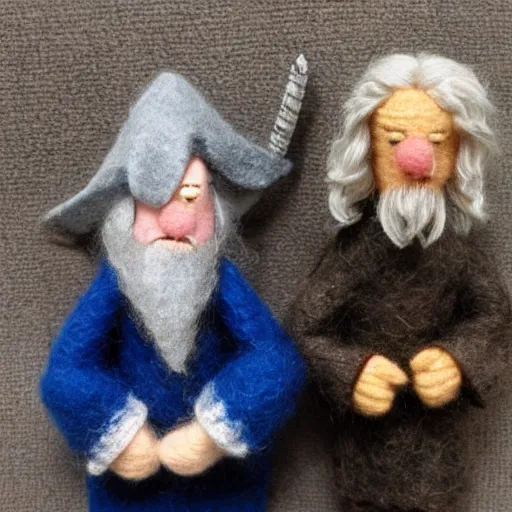 Prompt: Gandalf and Frodo made out of wool