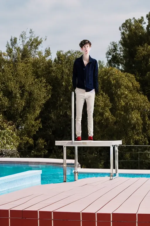 Prompt: troye sivan standing on the diving board, red weapon 8 k s 3 5, cooke anamorphic / i lenses, highly detailed, cinematic lighting