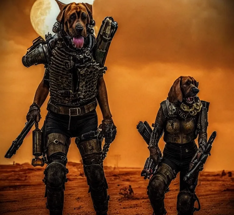 Image similar to a good ol'bloodhound pup fursona ( from the furry fandom ), heavily armed and armored facing down armageddon in a dark and gritty version from the makers of mad max : fury road. witness me.