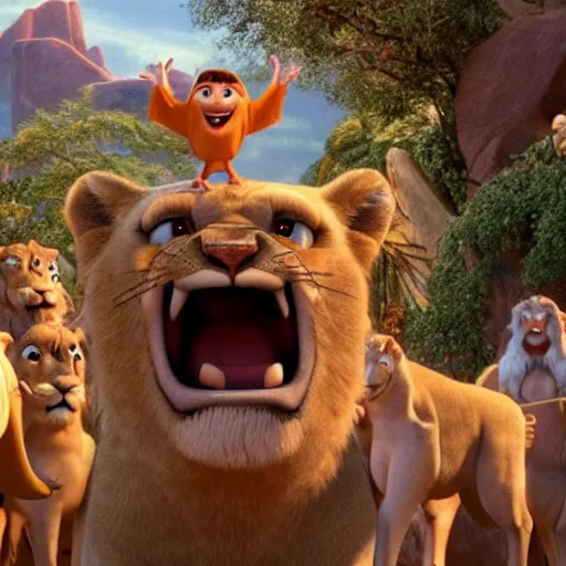 Image similar to Man in Biblical clothing in the middle of a den of ferocious lions as seen in Disney Pixar's Up (2009)