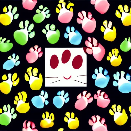 Image similar to seamless looping design of kittens on multicoloured paw print background