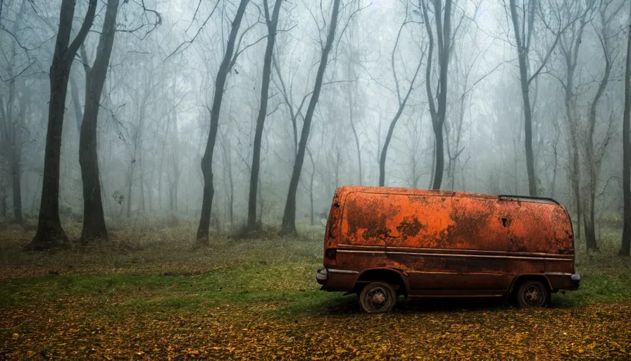 Image similar to a Old rusty van left in a foggy scary forest with leaves falling out of trees, 4k photography award winning,