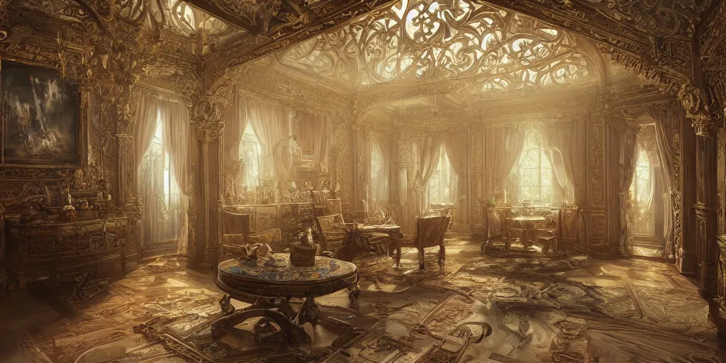 Prompt: a finely detailed painting of the interior of a late Victorian mansion, intricate, elegant, highly detailed, ornate, ornament, sculpture, elegant , luxury, beautifully lit, ray trace, octane render in the style of Peter Mohrbacher and Peter Gric