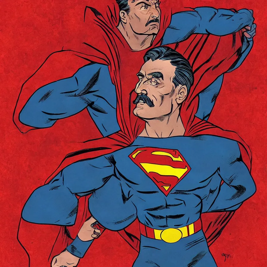 Image similar to epic comic book cover of stalin as superman floating over the red square ( moscow ), socialist realism, aesthetically pleasing, finely detailed facial features, hyperrealistic, intricate digital art, trending artstation, artgem, rich moody colors, fan art, concept art, in the style of the red son, by cory walker and ryan ottley