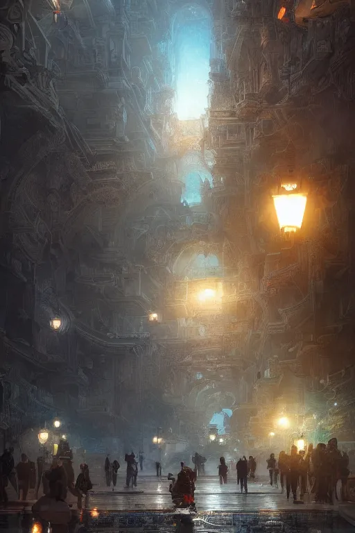 Image similar to inside the street of the city of atlantis, powerfull, intricate, elegant, volumetric lighting, digital painting, highly detailed, artstation, sharp focus, illustration, concept art, ruan jia, steve mccurry