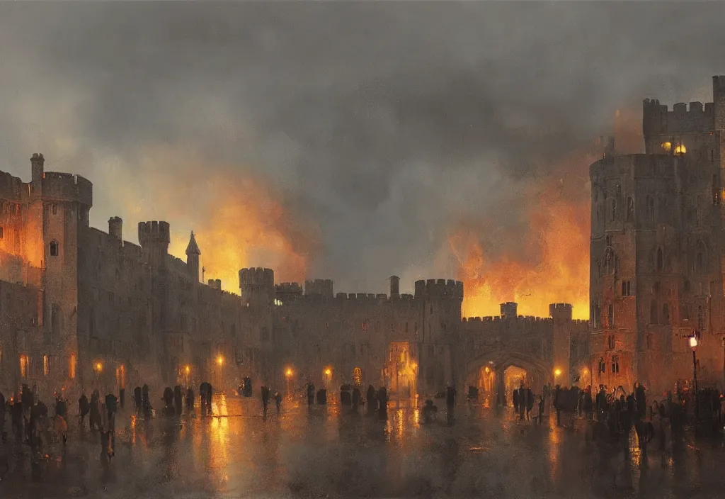 Image similar to windsor castle on fire, artstation, jakub rozalski, high detail, dramatic lighting, night, rain